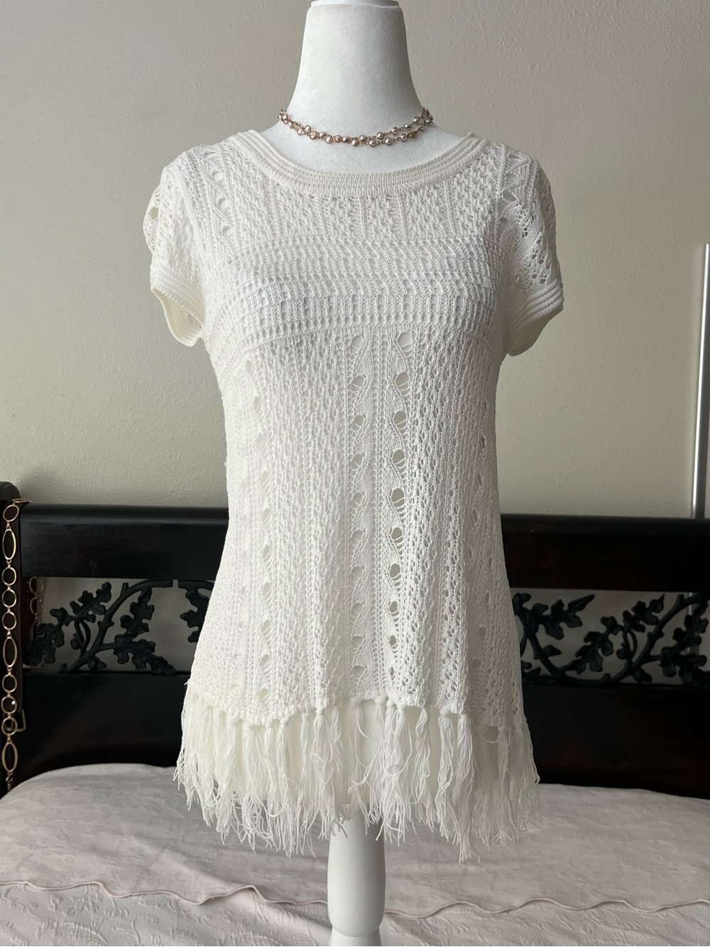 New York & Company Cream Crochet Fringe Tunic Top